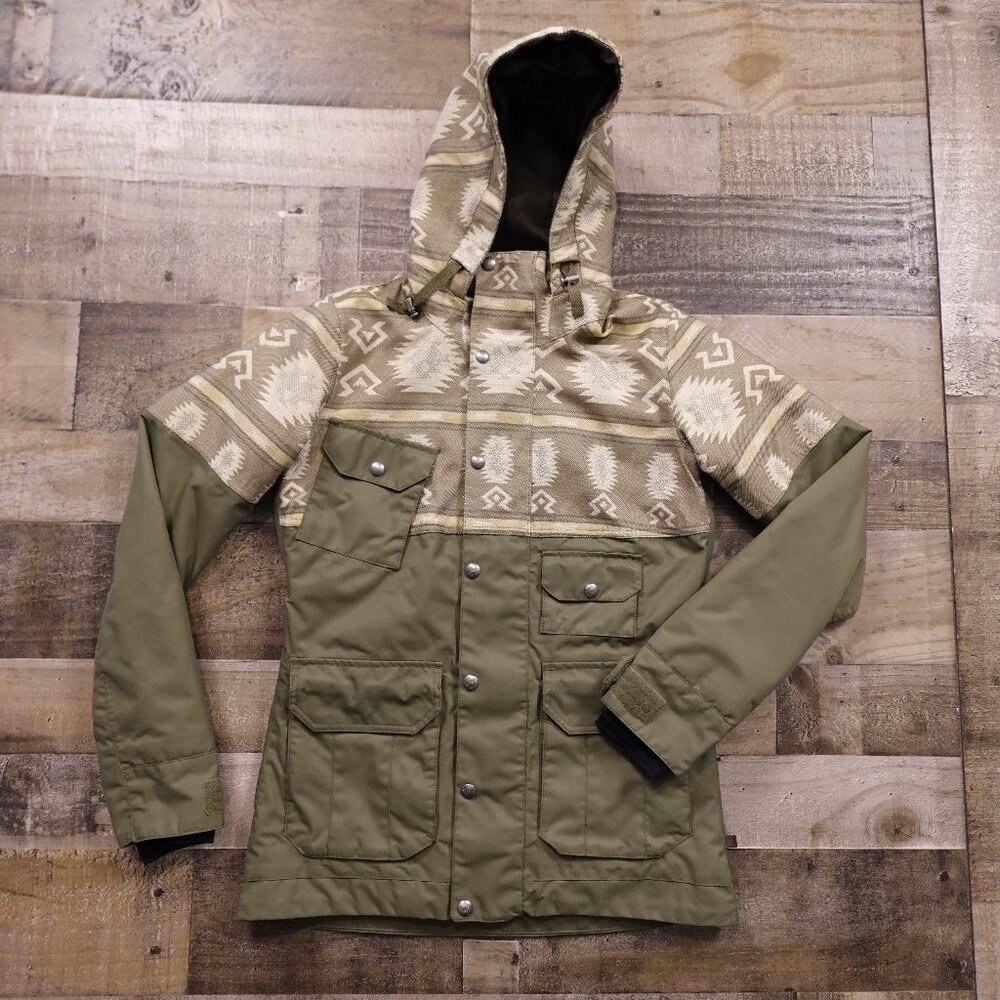 Burton Aztec Print Insulated Snowboard Jacket Women’s XS Olive Green‎ Beige Hood